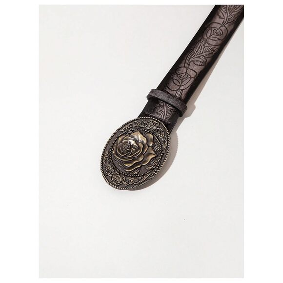 Women's Floral Embroidery Square Buckle Leather Belts Vintage Belt Gun Black😗 - Picture 3 of 3